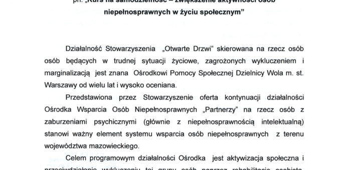 Rekomendacja Ośrodka Pomocy Społecznej Warszawa Wola